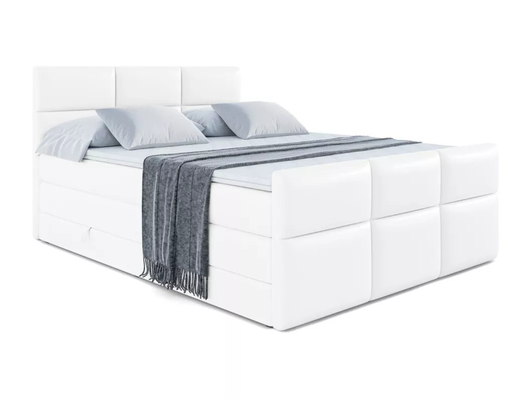 Kauf Unique Boxspringbett OHIO-Z KING mit Bettkasten, 2 Matratzen - H3/Bonellfederung und H4/Multipocketmateratze, Fußteil - 180x200 - Weiß Kunstleder