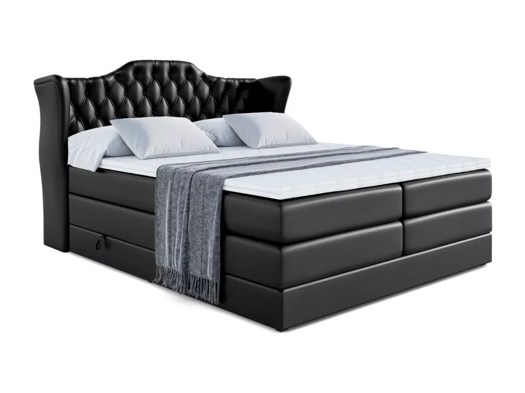 Kauf Unique Boxspringbett VILA KING mit Bettkasten, 2 Matratzen - H3/Bonellfederung und H4/Multipocketmateratze - 200x200 - Schwarz Kunstleder