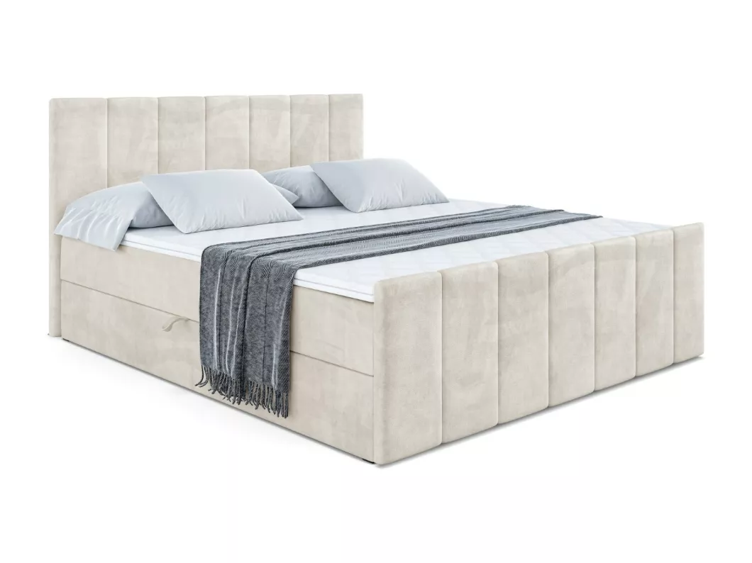 Kauf Unique Boxspringbett MOETI-Z mit Bettkasten, H3-Materatze, Fußteil, Bonellfederung - 120x200 - Beige Samt