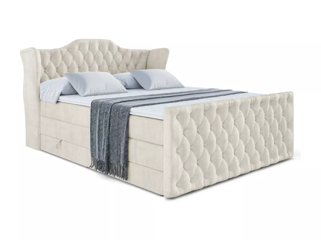 Kauf Unique Boxspringbett VILA-Z KING mit Bettkasten, 2 Matratzen - H3/Bonellfederung und H4/Multipocketmateratze, Fußteil - 200x200 - Beige Samt