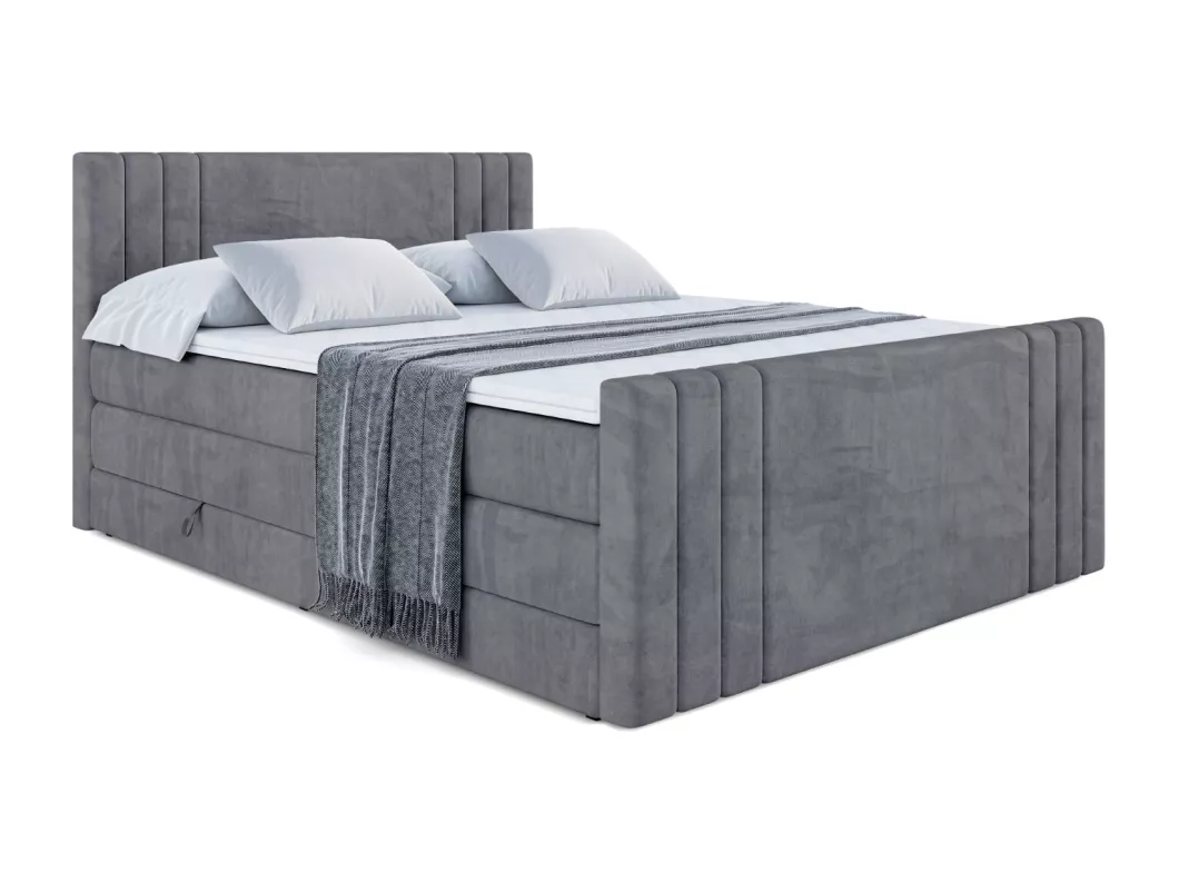 Kauf Unique Boxspringbett IDRIKO-Z KING mit Bettkasten, 2 Matratzen - H3/Bonellfederung und H4/Multipocketmateratze, Fußteil - 140x200 - Dunkelgrau Samt