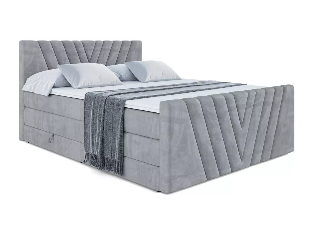 Kauf Unique Boxspringbett ERNI-Z KING mit Bettkasten, 2 Matratzen - H3/Bonellfederung und H4/Multipocketmateratze, Fußteil - 140x200 - Hellgrau Samt