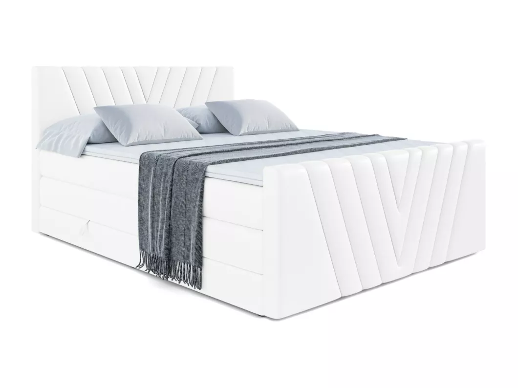 Kauf Unique Boxspringbett ERNI-Z KING mit Bettkasten, 2 Matratzen - H3/Bonellfederung und H4/Multipocketmateratze, Fußteil - 180x200 - Weiß Kunstleder