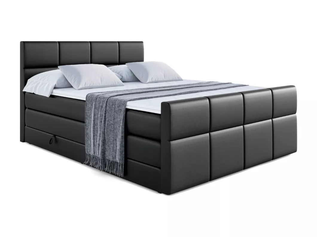 Kauf Unique Boxspringbett ARDENI-Z KING mit Bettkasten, 2 Matratzen - H3/Bonellfederung und H4/Multipocketmateratze, Fußteil - 200x200 - Schwarz Kunstleder