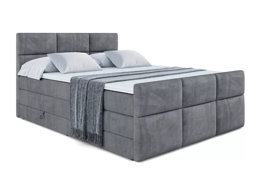 Kauf Unique Boxspringbett OHIO-Z KING mit Bettkasten, 2 Matratzen - H3/Bonellfederung und H4/Multipocketmateratze, Fußteil - 140x200 - Dunkelgrau Samt