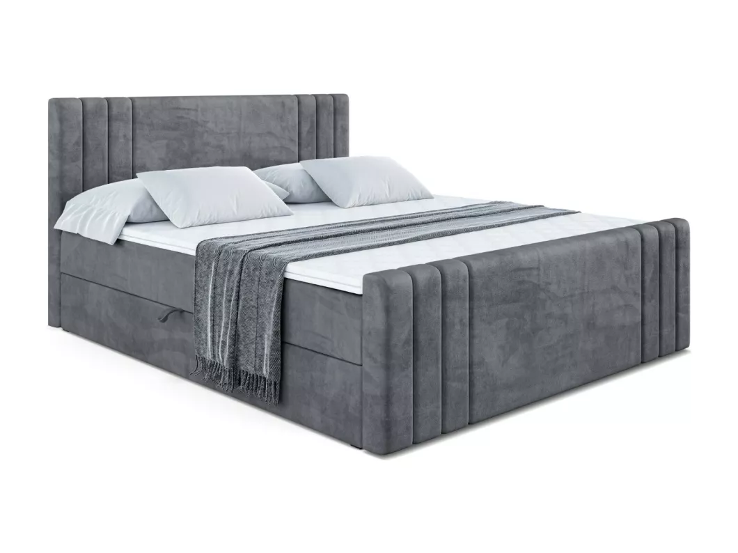 Kauf Unique Boxspringbett IDRIKO-Z mit Bettkasten, H3-Materatze, Fußteil, Bonellfederung - 140x200 - Dunkelgrau Samt