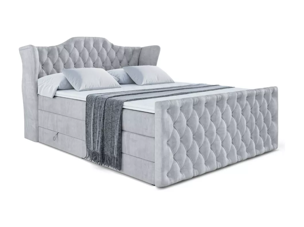 Kauf Unique Boxspringbett VILA-Z KING mit Bettkasten, 2 Matratzen - H3/Bonellfederung und H4/Multipocketmateratze, Fußteil - 180x200 - Grau Samt