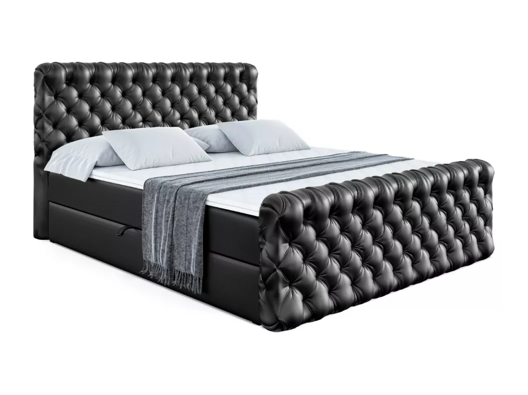 Kauf Unique Boxspringbett BOXI8-Z mit Bettkasten, H4-Materatze, Fußteil, Multipocketfederung - 120x200 - Schwarz Kunstleder