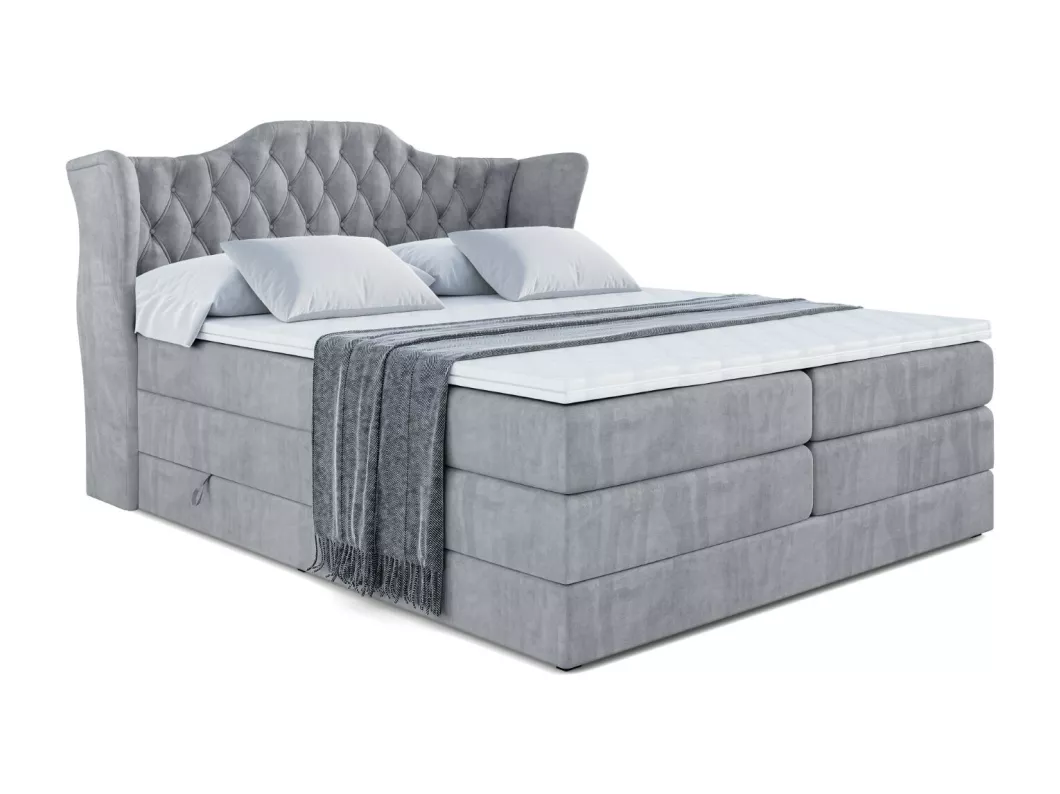 Kauf Unique Boxspringbett VILA KING mit Bettkasten, 2 Matratzen - H3/Bonellfederung und H4/Multipocketmateratze - 160x200 - Hellgrau Samt