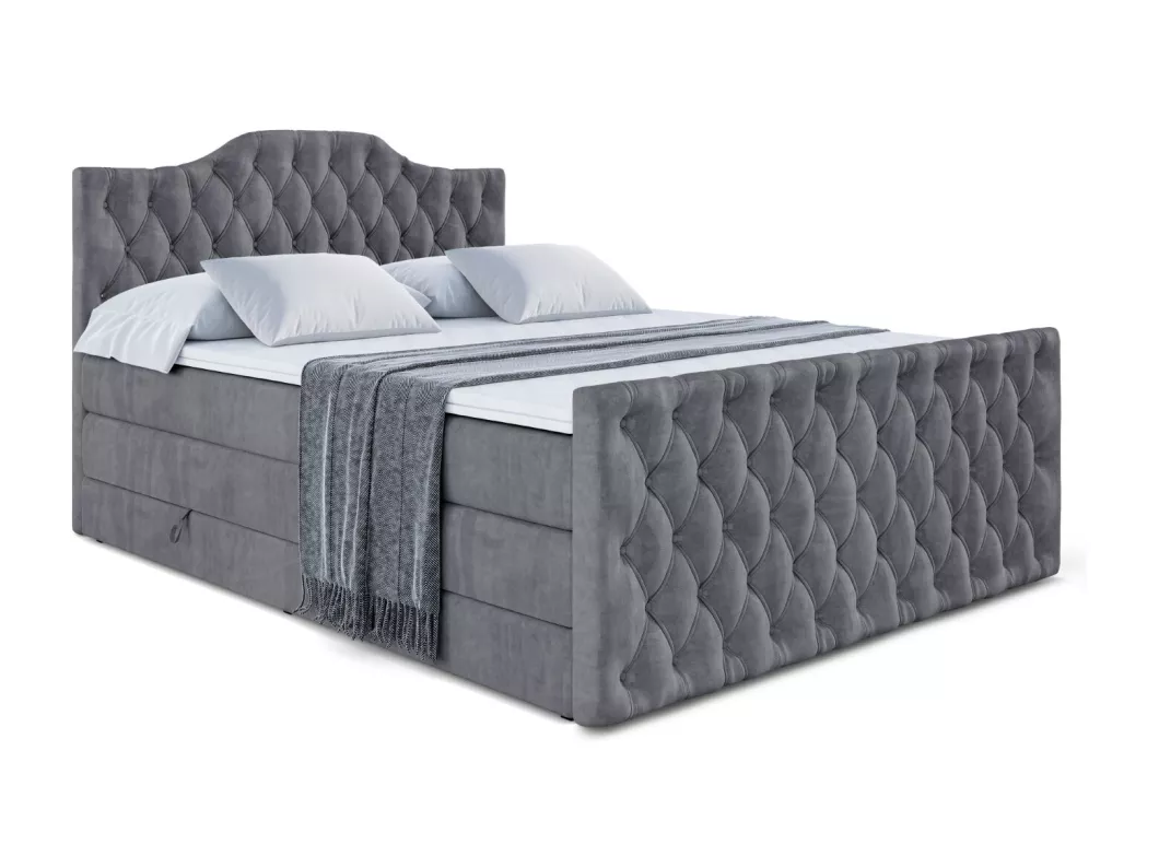 Kauf Unique Boxspringbett VILA-1-Z KING mit Bettkasten, 2 Matratzen - H3/Bonellfederung und H4/Multipocketmateratze, Fußteil - 120x200 - Dunkelgrau Samt