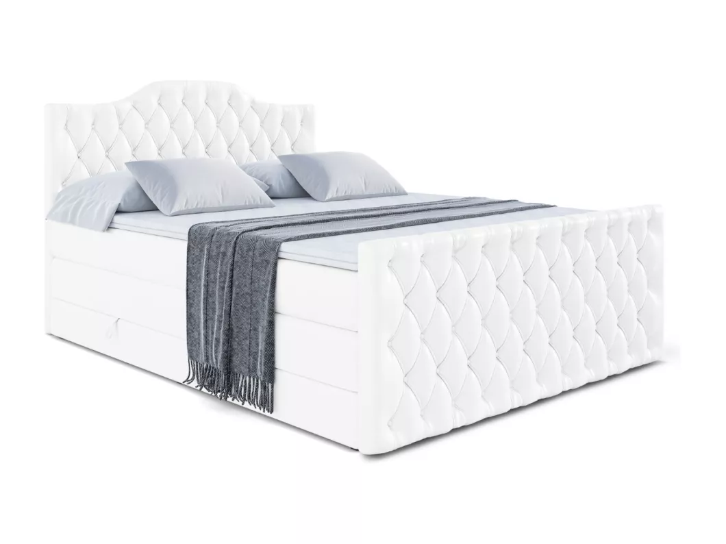 Kauf Unique Boxspringbett VILA-1-Z KING mit Bettkasten, 2 Matratzen - H3/Bonellfederung und H4/Multipocketmateratze, Fußteil - 200x200 - Weiß Kunstleder