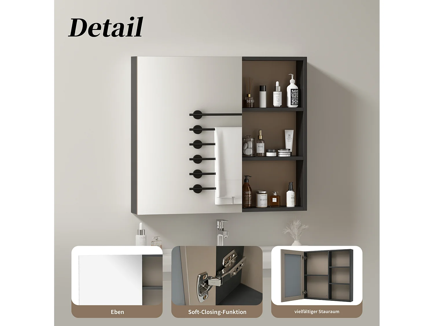 Armoire de toilette - armoire de salle de bain largeur 80 cm - avec étagères - gris
