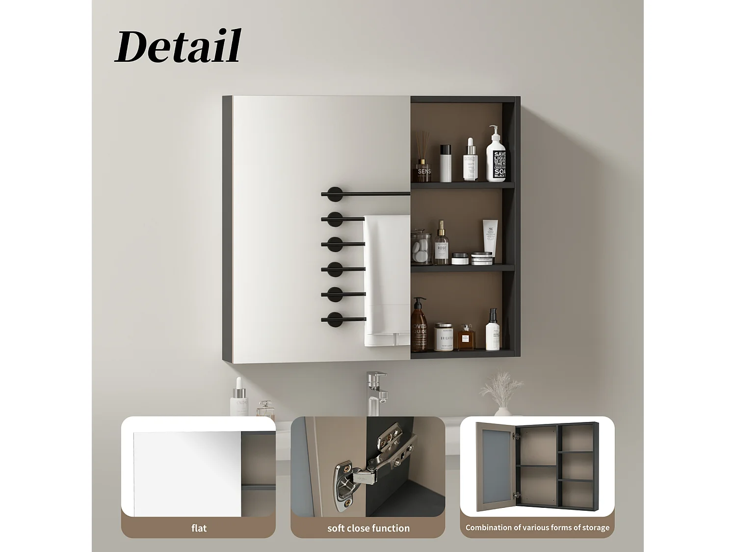 Armoire de toilette - armoire de salle de bain largeur 80 cm - avec étagères - gris