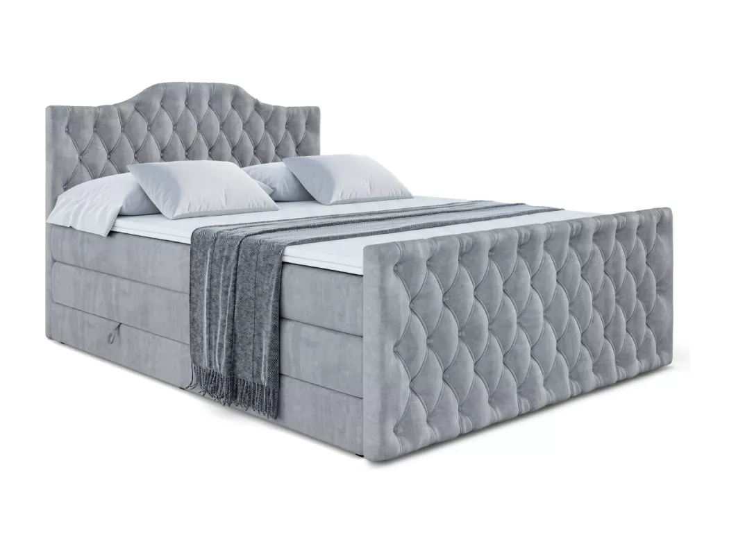 Kauf Unique Boxspringbett VILA-1-Z KING mit Bettkasten, 2 Matratzen - H3/Bonellfederung und H4/Multipocketmateratze, Fußteil - 180x200 - Hellgrau Samt