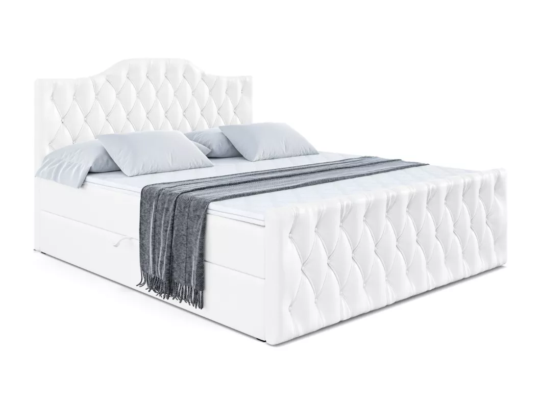 Kauf Unique Boxspringbett VILA-1-Z mit Bettkasten, H4-Materatze, Fußteil, Multipocketfederung - 140x200 - Weiß Kunstleder