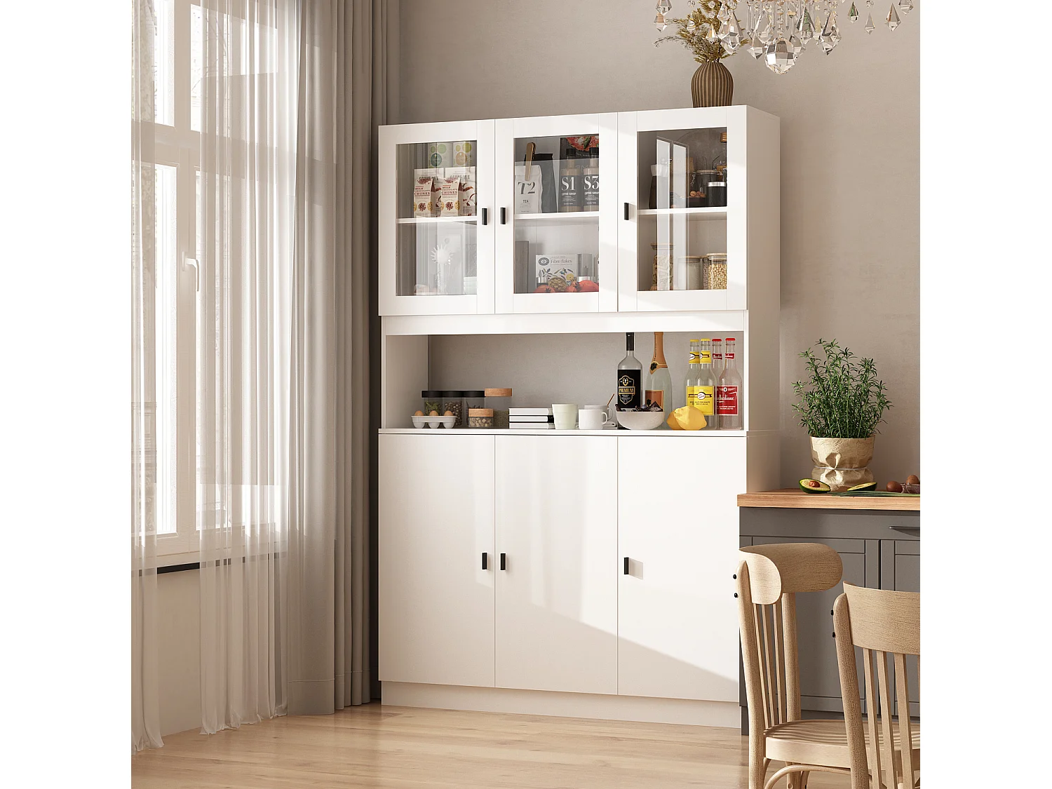Buffet de cuisine en verre Vitrine de rangement avec étagères Compariment ouvert armoire de cuisine 120x31x180cm Blanc