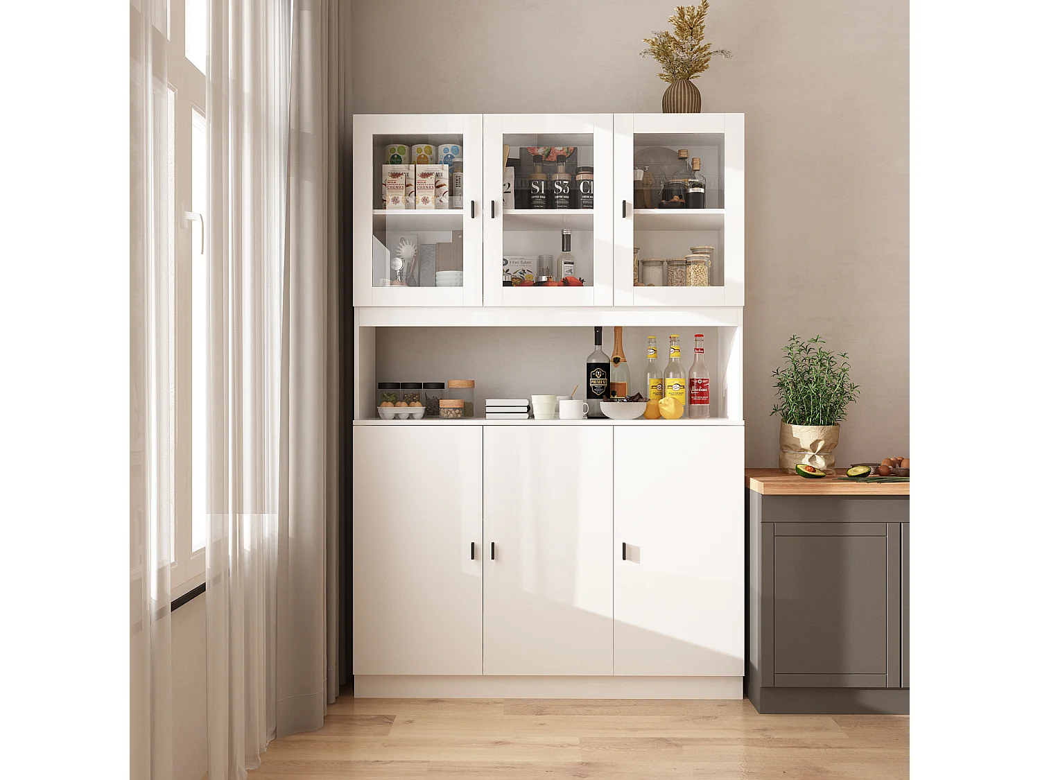 Buffet de cuisine en verre Vitrine de rangement avec étagères Compariment ouvert armoire de cuisine 120x31x180cm Blanc