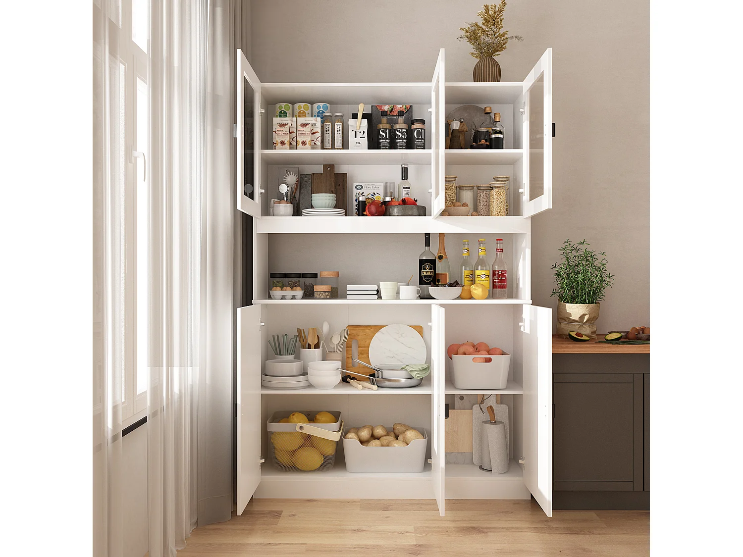 Buffet de cuisine en verre Vitrine de rangement avec étagères Compariment ouvert armoire de cuisine 120x31x180cm Blanc