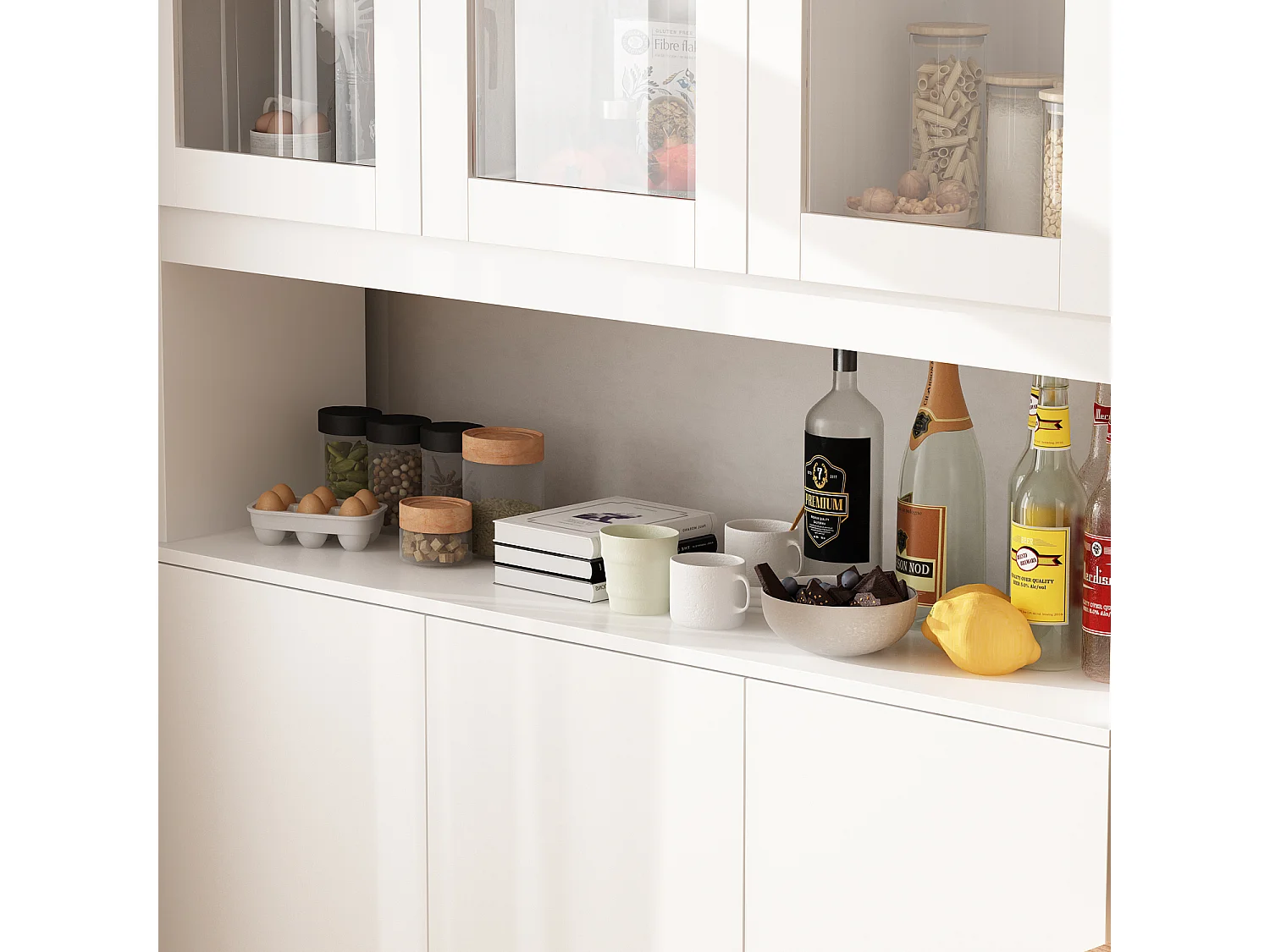 Buffet de cuisine en verre Vitrine de rangement avec étagères Compariment ouvert armoire de cuisine 120x31x180cm Blanc