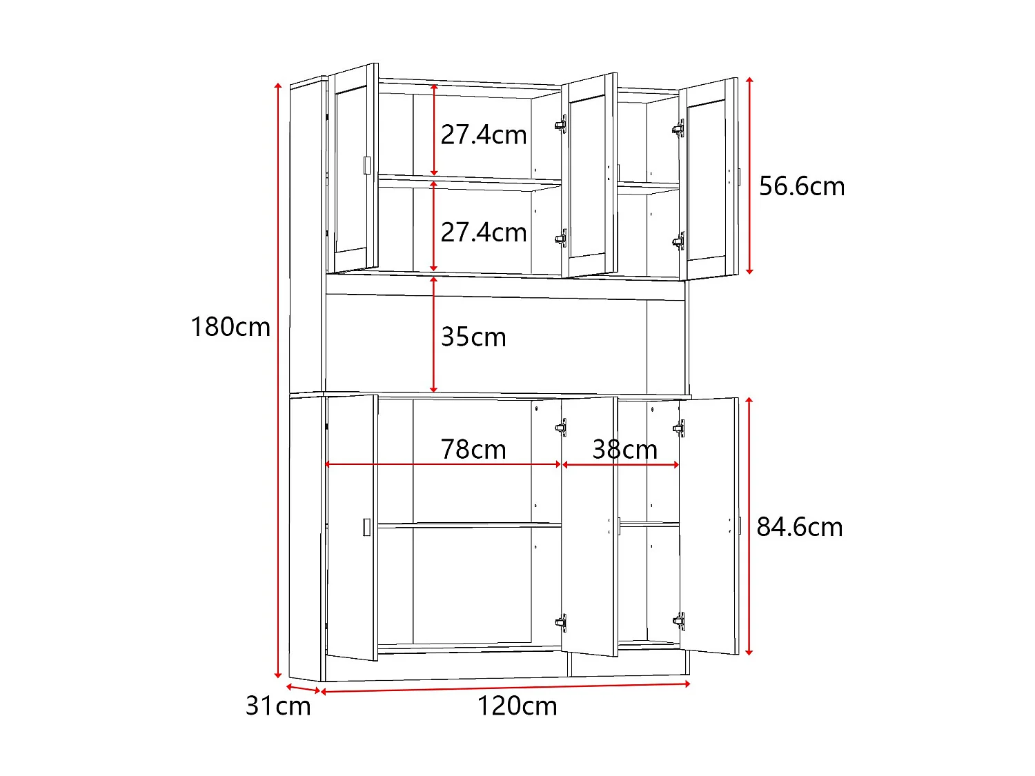 Buffet de cuisine en verre Vitrine de rangement avec étagères Compariment ouvert armoire de cuisine 120x31x180cm Blanc