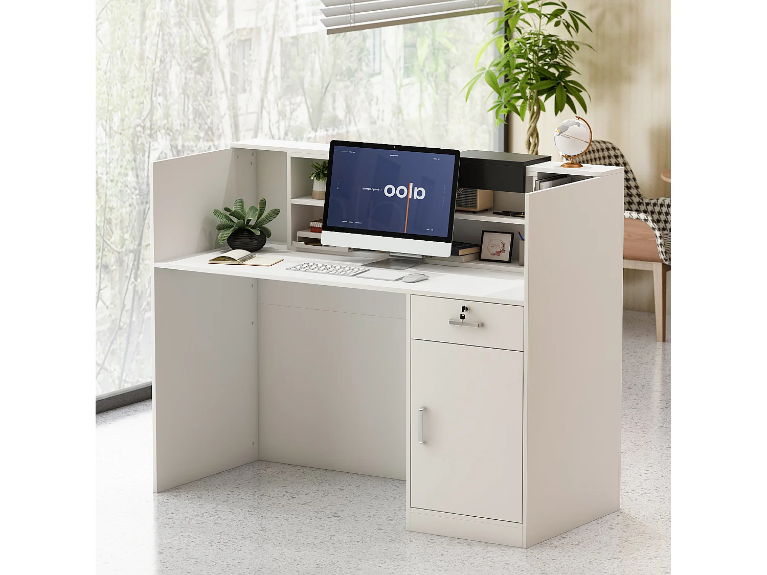 Comptoirs d'accueil  réception avec compartiments ouverts  étagères Tiroir verrouillable Salon Bureau 140x60x110cm Blanc