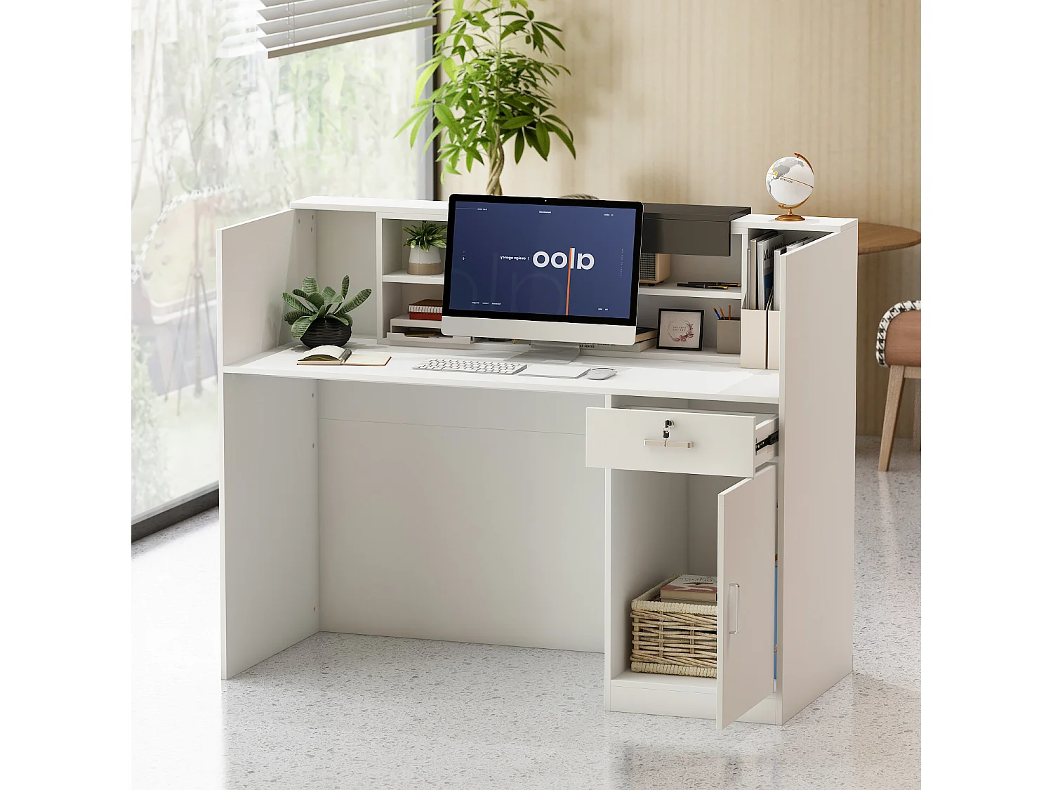 Comptoirs d'accueil  réception avec compartiments ouverts  étagères Tiroir verrouillable Salon Bureau 140x60x110cm Blanc