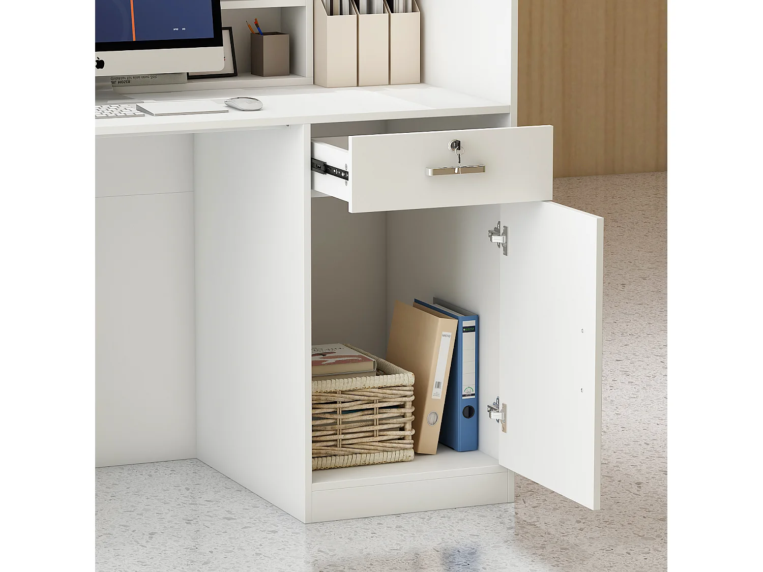 Comptoirs d'accueil  réception avec compartiments ouverts  étagères Tiroir verrouillable Salon Bureau 140x60x110cm Blanc