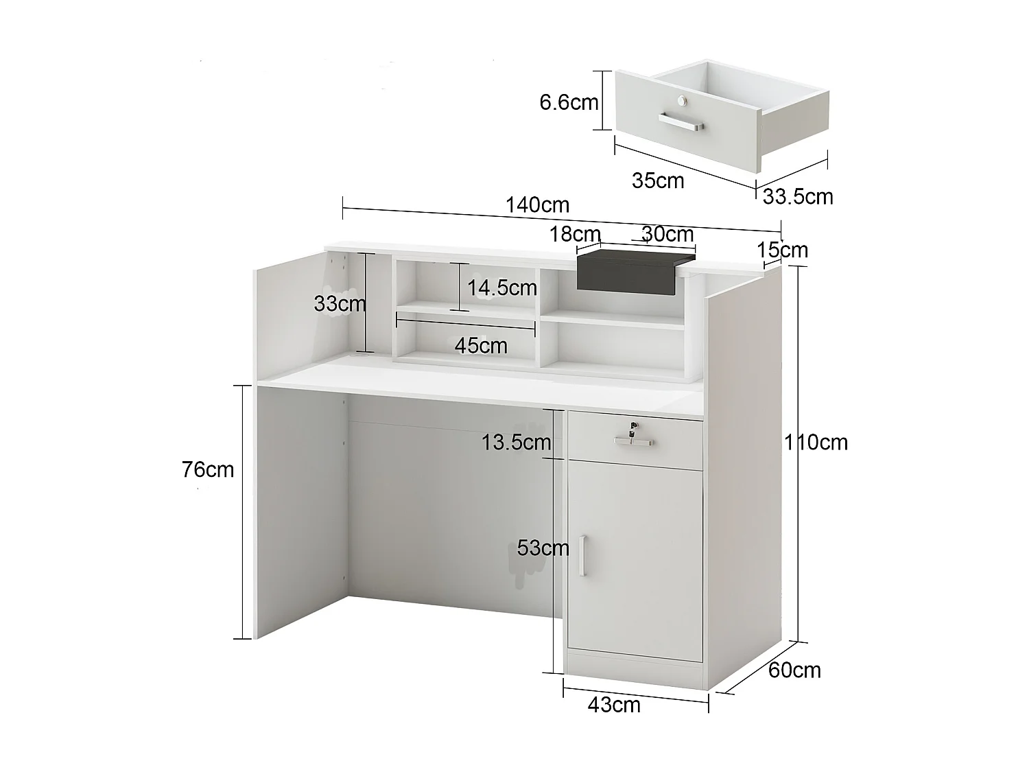 Comptoirs d'accueil  réception avec compartiments ouverts  étagères Tiroir verrouillable Salon Bureau 140x60x110cm Blanc