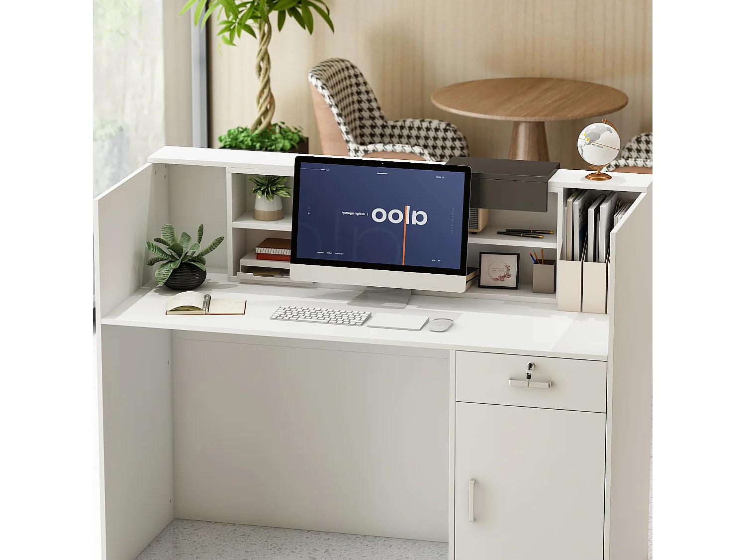 Comptoirs d'accueil  réception avec compartiments ouverts  étagères Tiroir verrouillable Salon Bureau 140x60x110cm Blanc