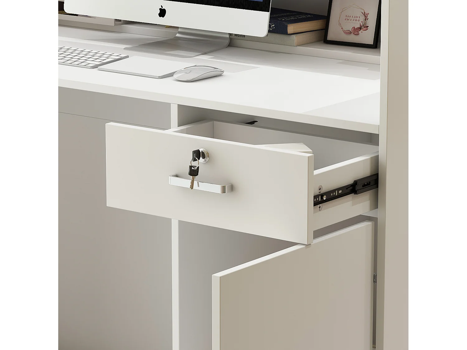 Comptoirs d'accueil  réception avec compartiments ouverts  étagères Tiroir verrouillable Salon Bureau 140x60x110cm Blanc