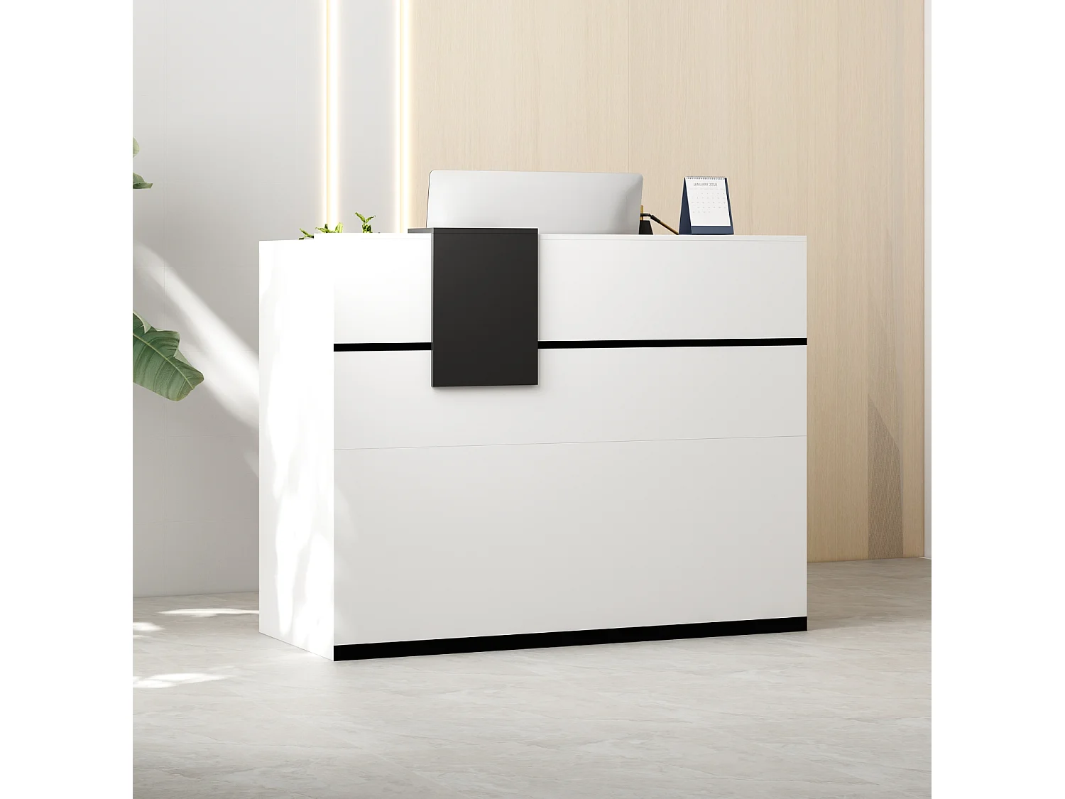 Bureau d’Accueil avec Case amovible, Comptoir de réception avec Porte et Tiroir verrouillable, Bureau, 140x60x110cm, Blanc