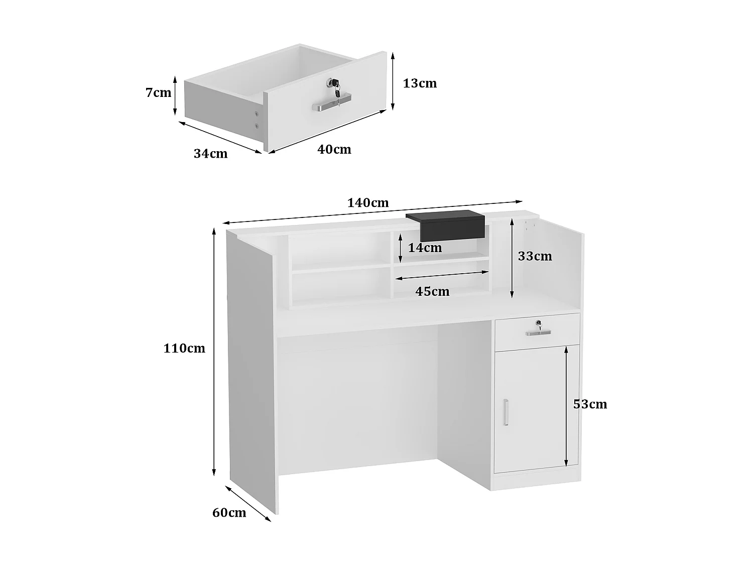 Bureau d’Accueil avec Case amovible, Comptoir de réception avec Porte et Tiroir verrouillable, Bureau, 140x60x110cm, Blanc