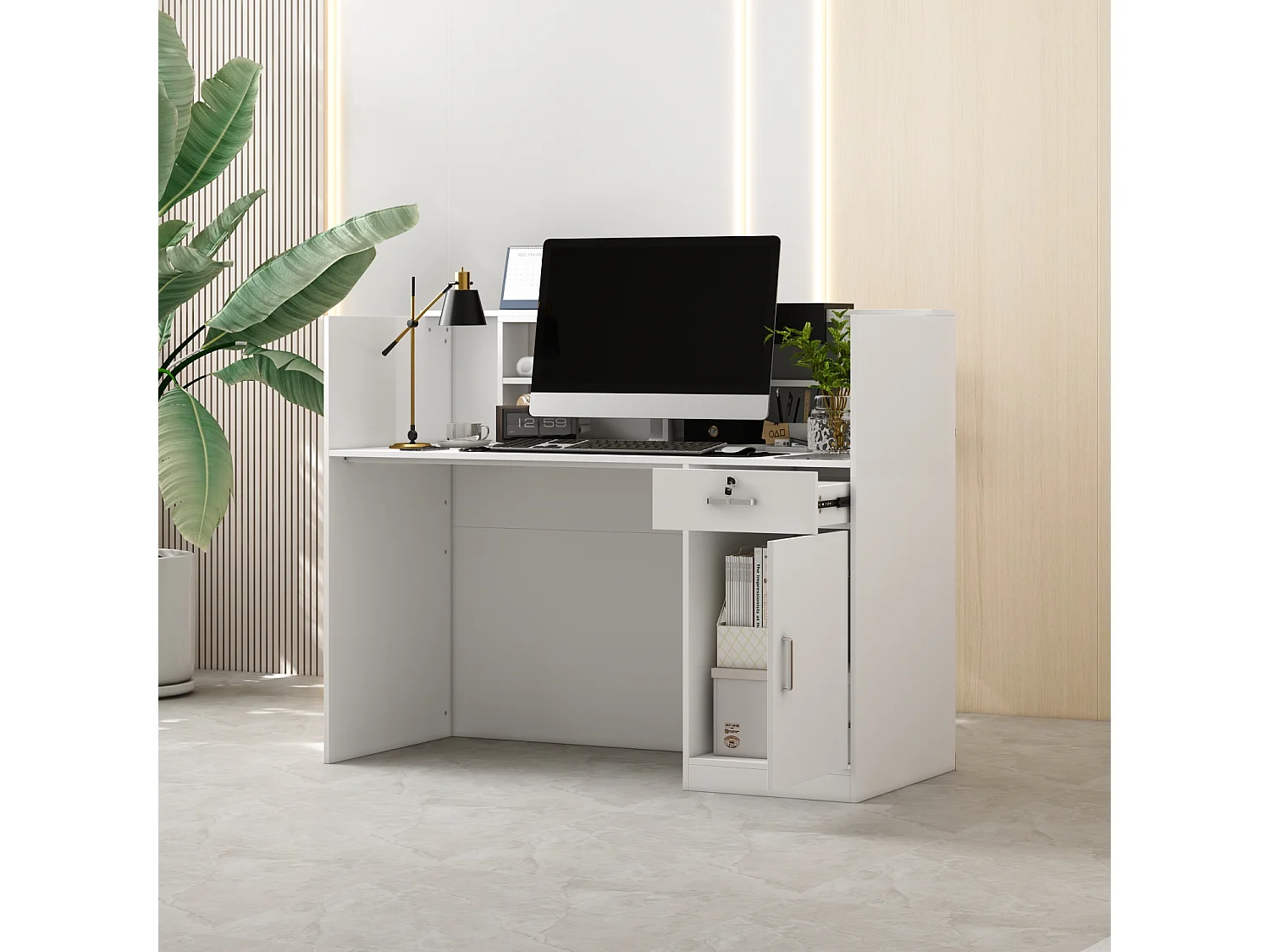 Bureau d’Accueil avec Case amovible, Comptoir de réception avec Porte et Tiroir verrouillable, Bureau, 140x60x110cm, Blanc