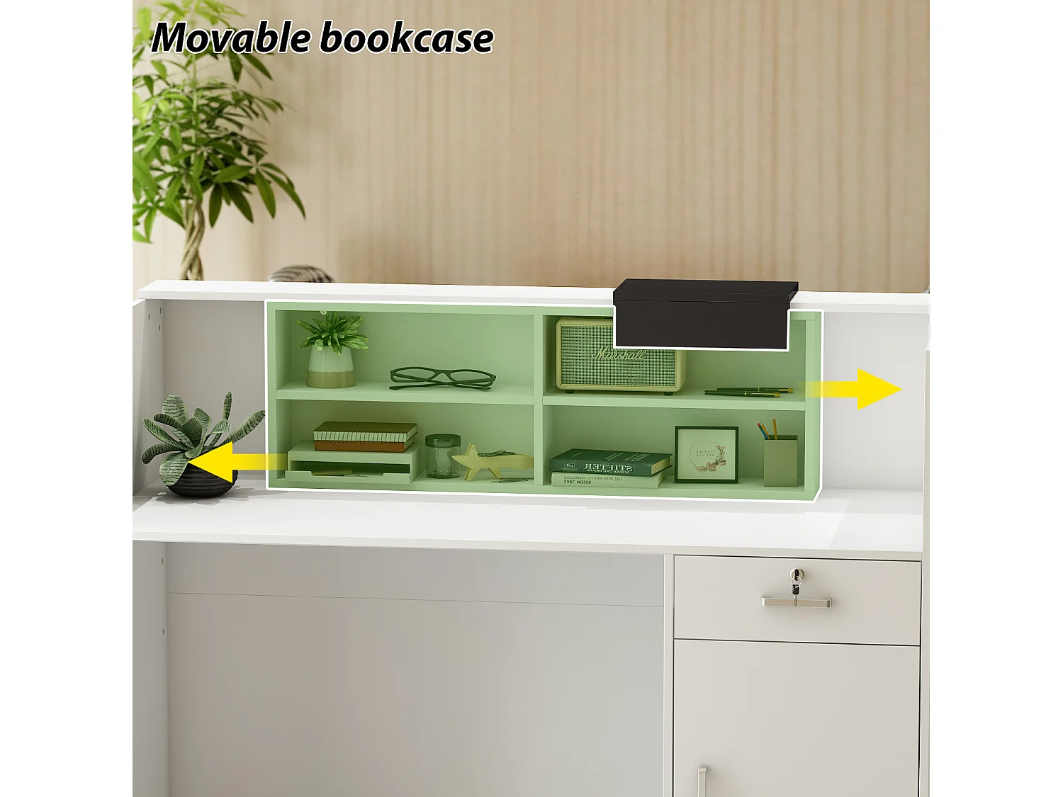 Bureau d’Accueil avec Case amovible, Comptoir de réception avec Porte et Tiroir verrouillable, Bureau, 140x60x110cm, Blanc