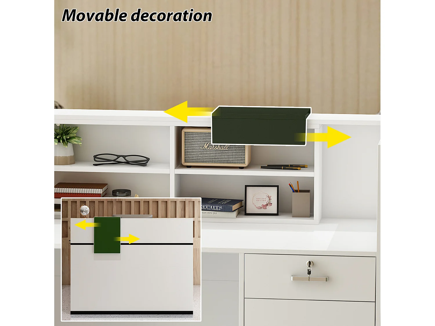 Bureau d’Accueil avec Case amovible, Comptoir de réception avec Porte et Tiroir verrouillable, Bureau, 140x60x110cm, Blanc