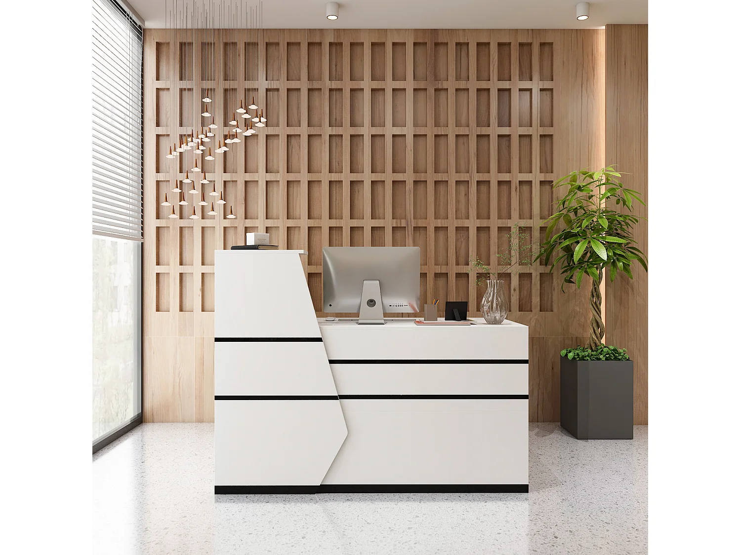 Comptoirs d'accueil  réception avec compartiments ouverts  étagères Tiroir verrouillable Salon Bureau Blanc 140x60x110cm