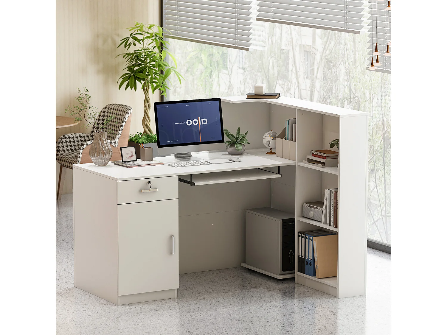 Comptoirs d'accueil  réception avec compartiments ouverts  étagères Tiroir verrouillable Salon Bureau Blanc 140x60x110cm