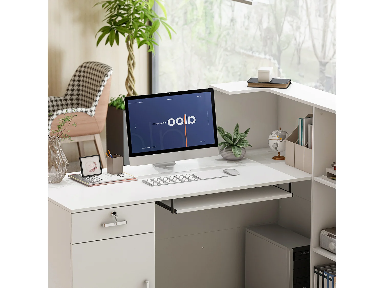 Comptoirs d'accueil  réception avec compartiments ouverts  étagères Tiroir verrouillable Salon Bureau Blanc 140x60x110cm