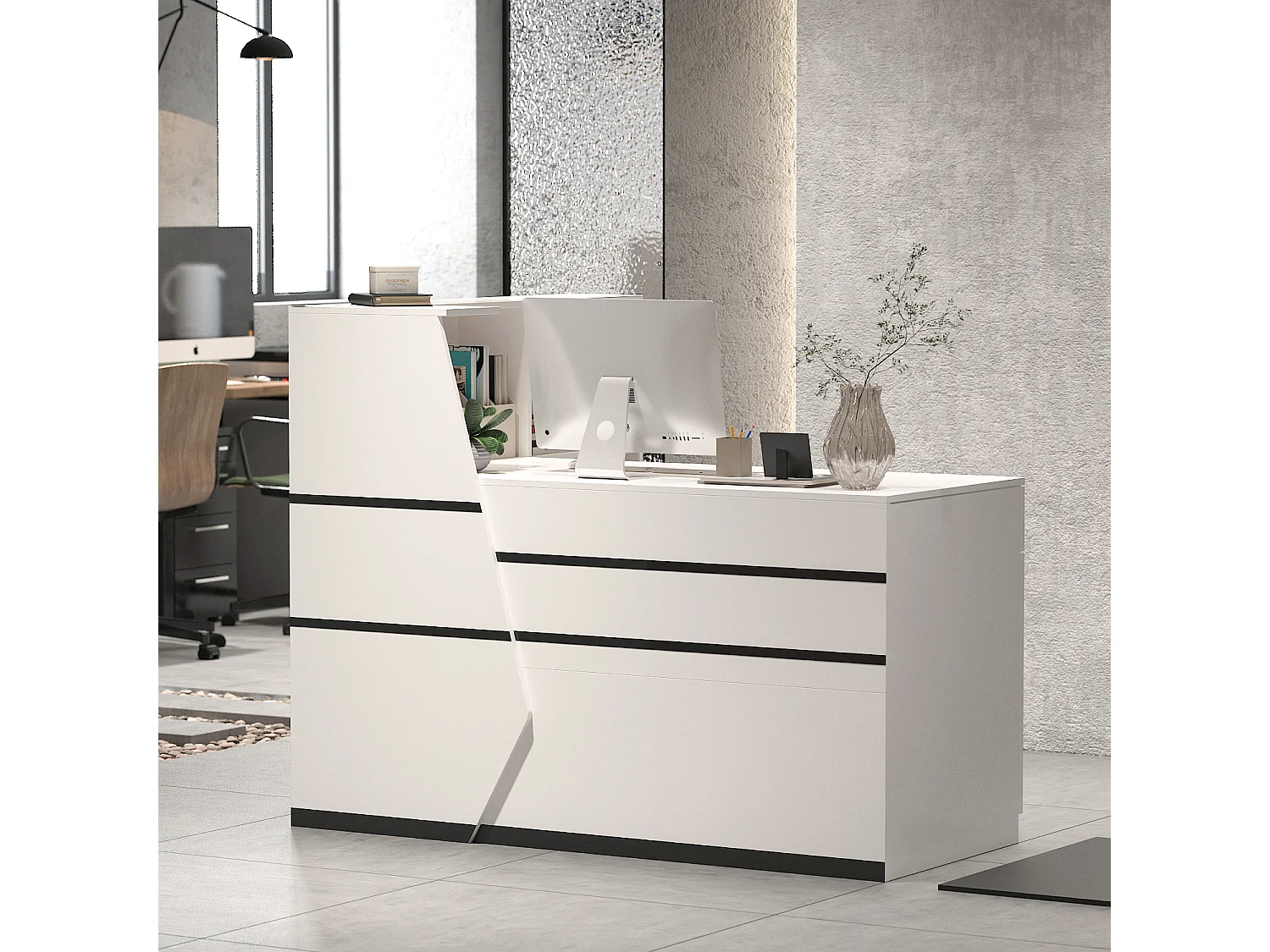 Bureau d'accueil avec porte et étagères, Comptoir de réception avec tiroir verrouillable, Bureau et Salon, 140x100x110cm, Blanc