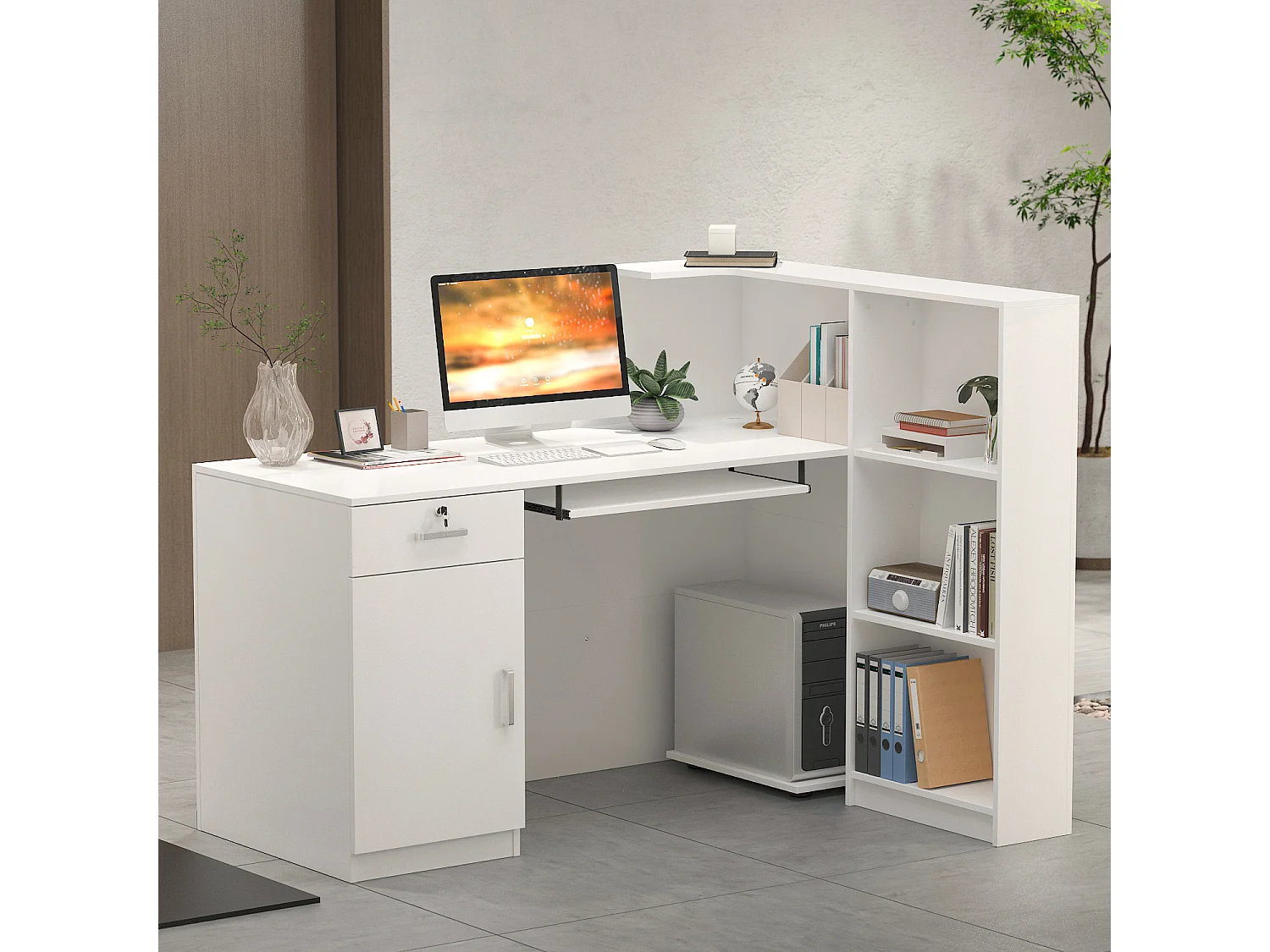 Bureau d'accueil avec porte et étagères, Comptoir de réception avec tiroir verrouillable, Bureau et Salon, 140x100x110cm, Blanc