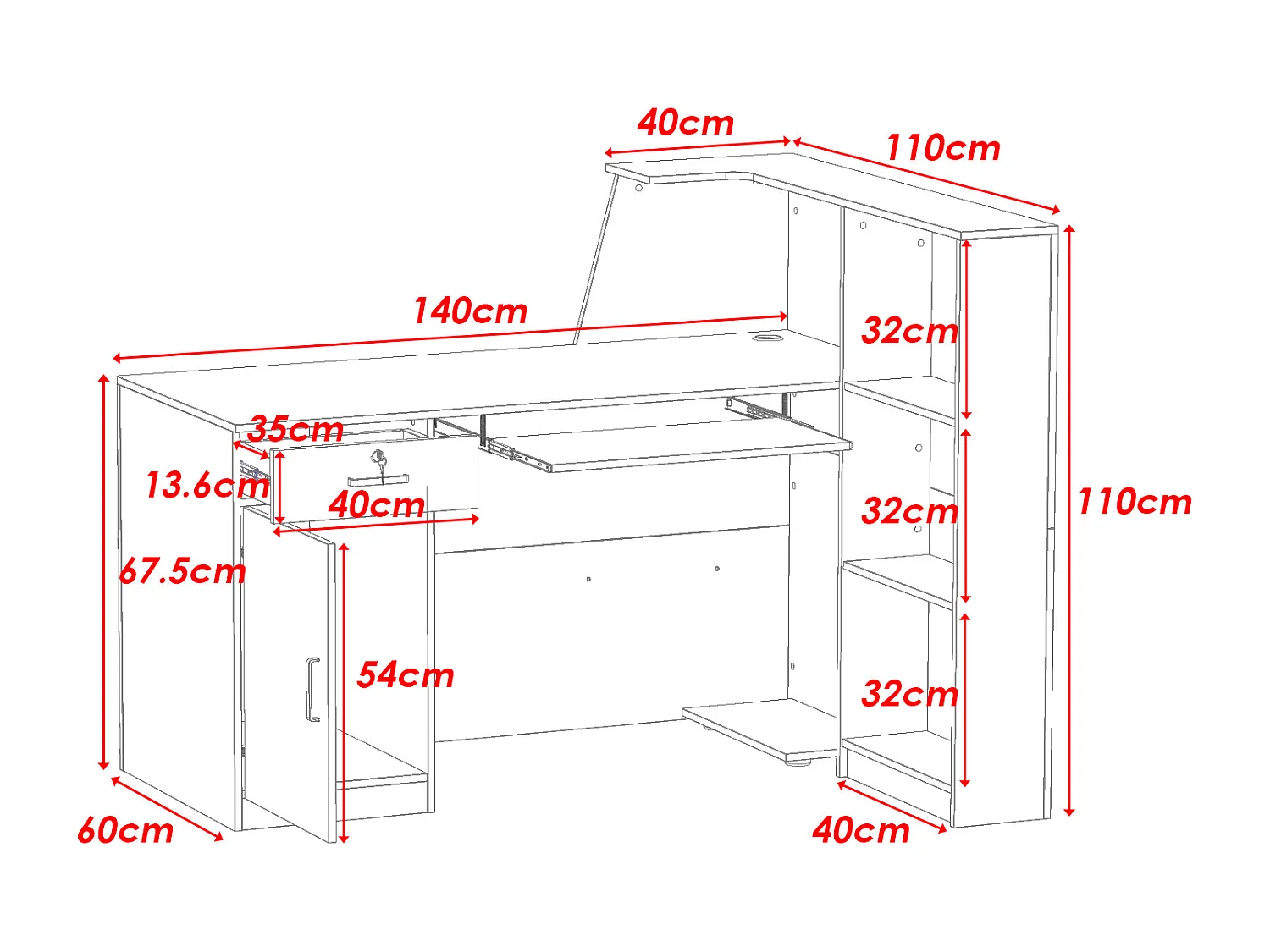 Bureau d'accueil avec porte et étagères, Comptoir de réception avec tiroir verrouillable, Bureau et Salon, 140x100x110cm, Blanc