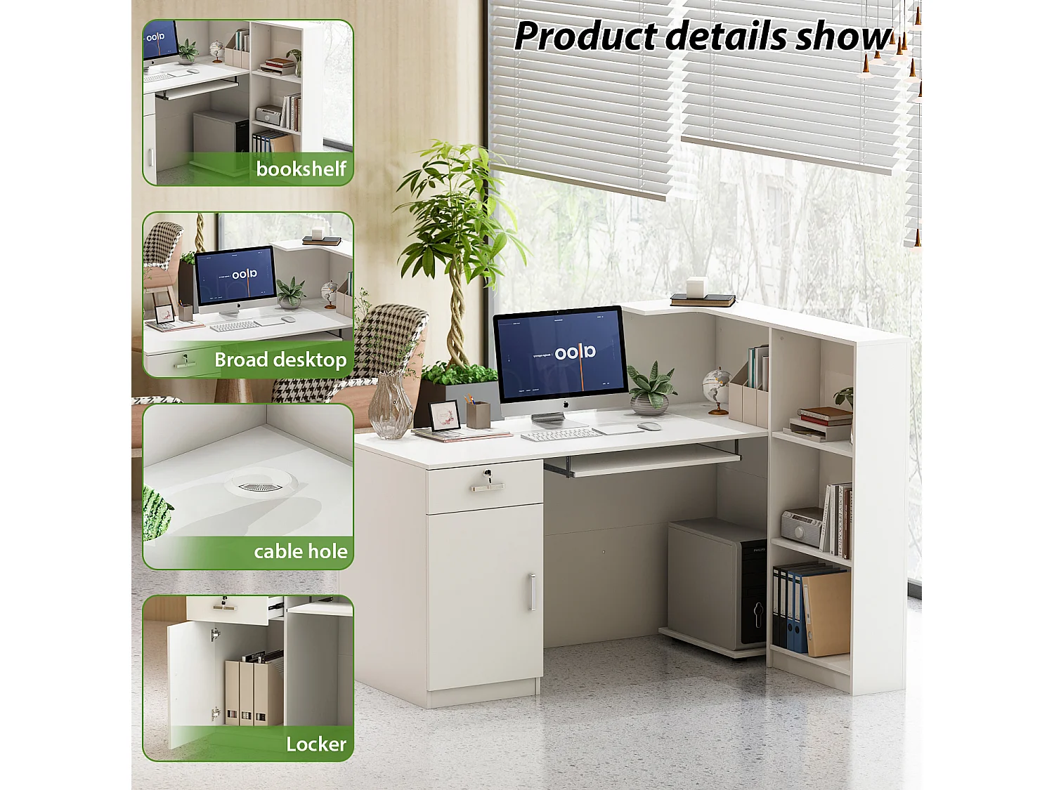 Bureau d'accueil avec porte et étagères, Comptoir de réception avec tiroir verrouillable, Bureau et Salon, 140x100x110cm, Blanc