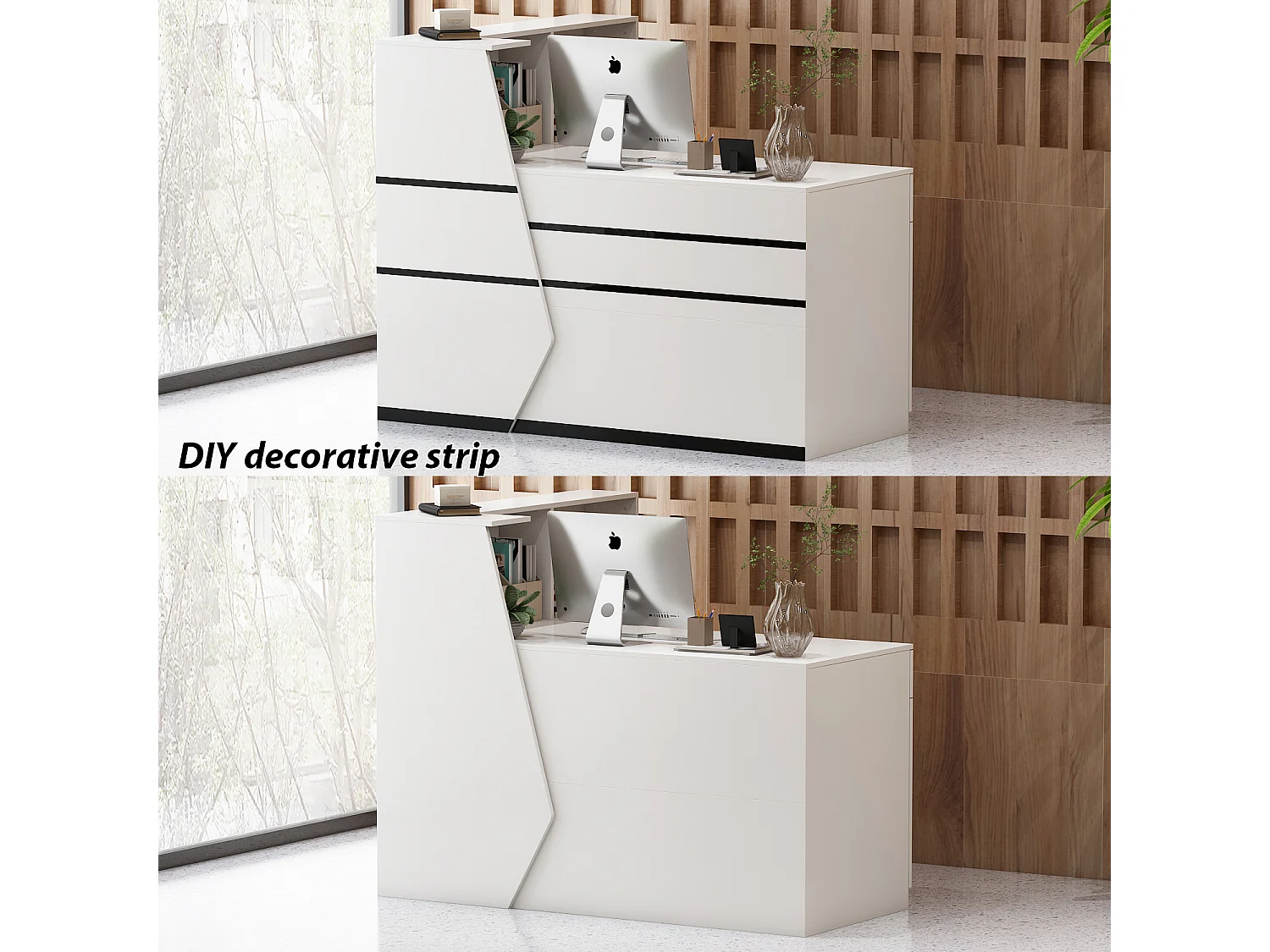 Bureau d'accueil avec porte et étagères, Comptoir de réception avec tiroir verrouillable, Bureau et Salon, 140x100x110cm, Blanc