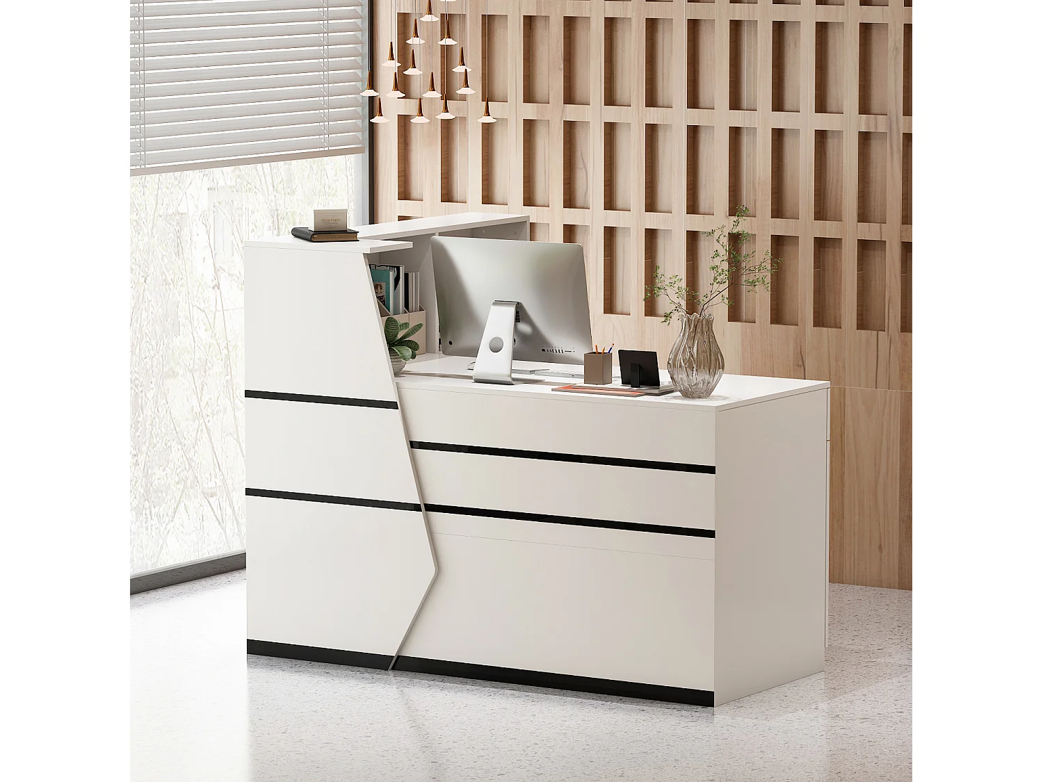 Bureau d'accueil avec porte et étagères, Comptoir de réception avec tiroir verrouillable, Bureau et Salon, 140x100x110cm, Blanc