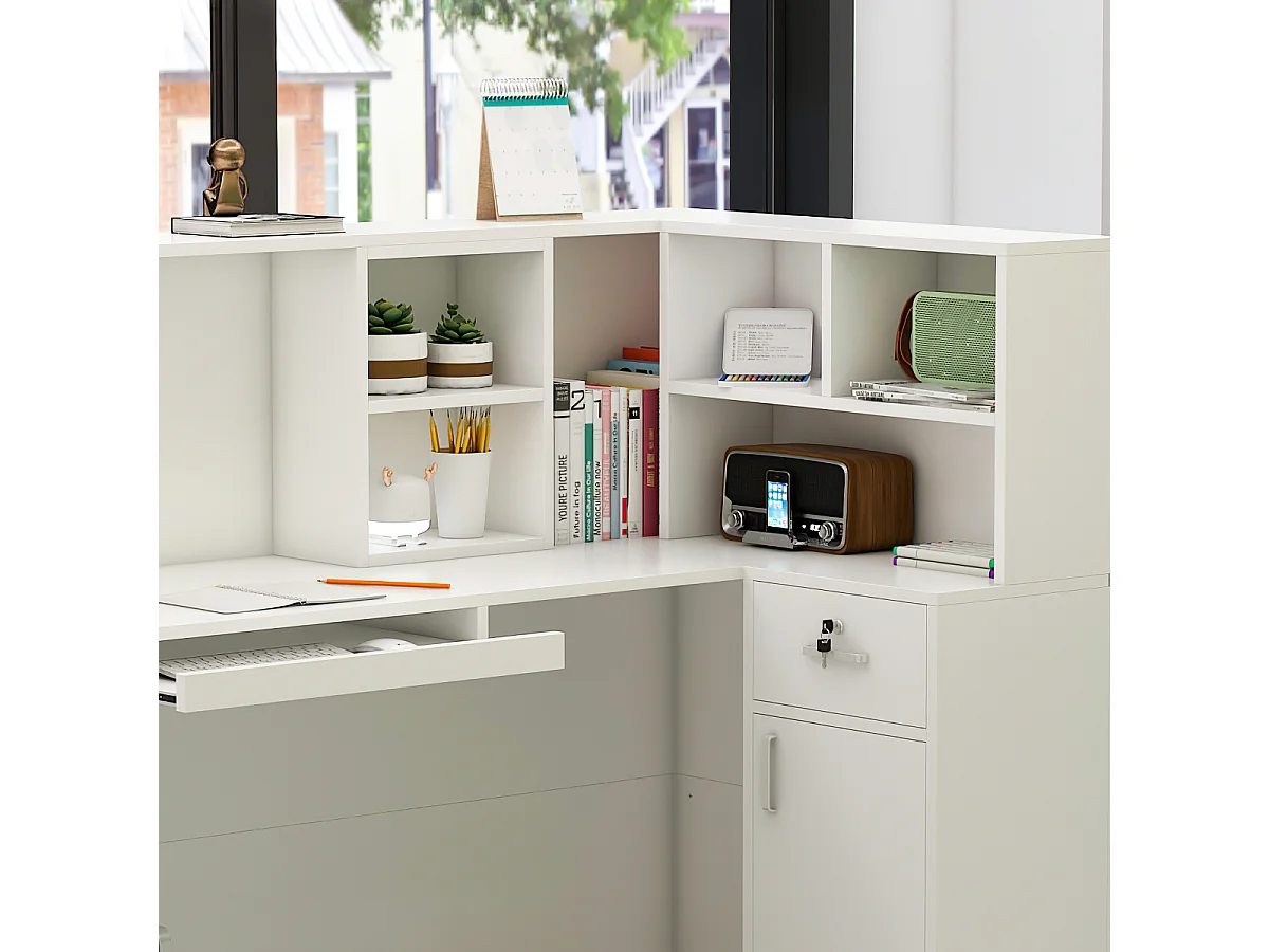 Comptoirs de réception avec compartiments ouverts étagères Tiroir verrouillable Salon Bureau Blanc 142x82x123cm