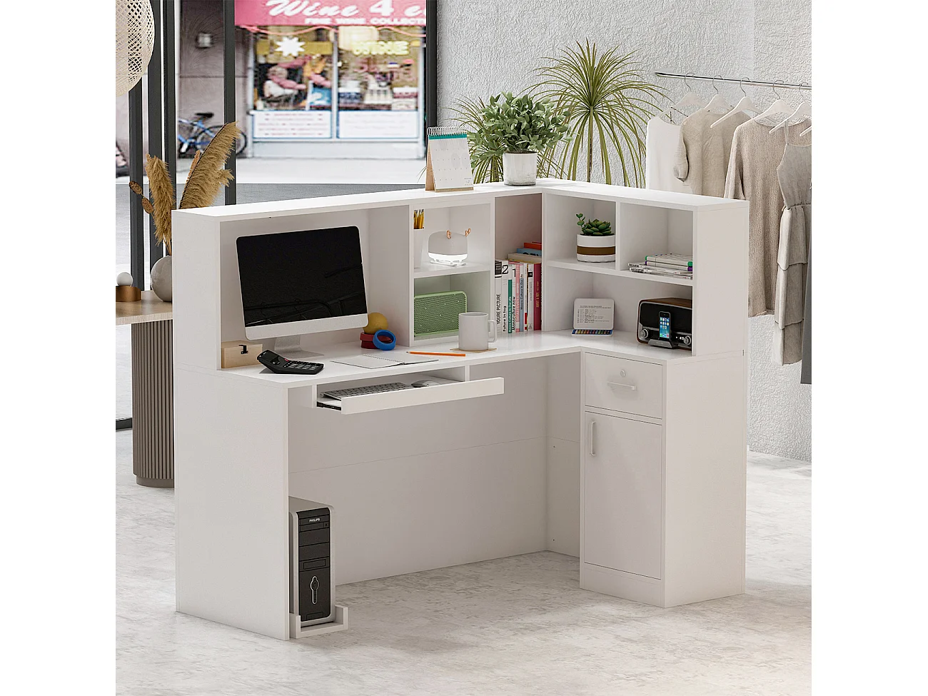 Comptoirs de réception avec compartiments ouverts étagères Tiroir verrouillable Salon Bureau Blanc 142x82x123cm