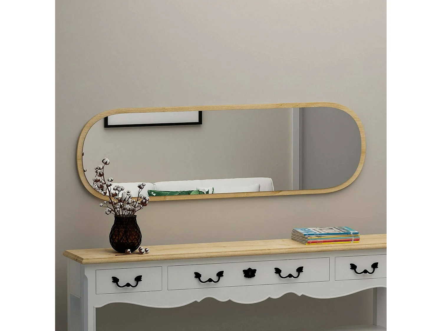 Miroir Calypso, Verre miroité, Objet d'ameublement mural, Décoration avec miroir, 40x2h120 cm, Chêne