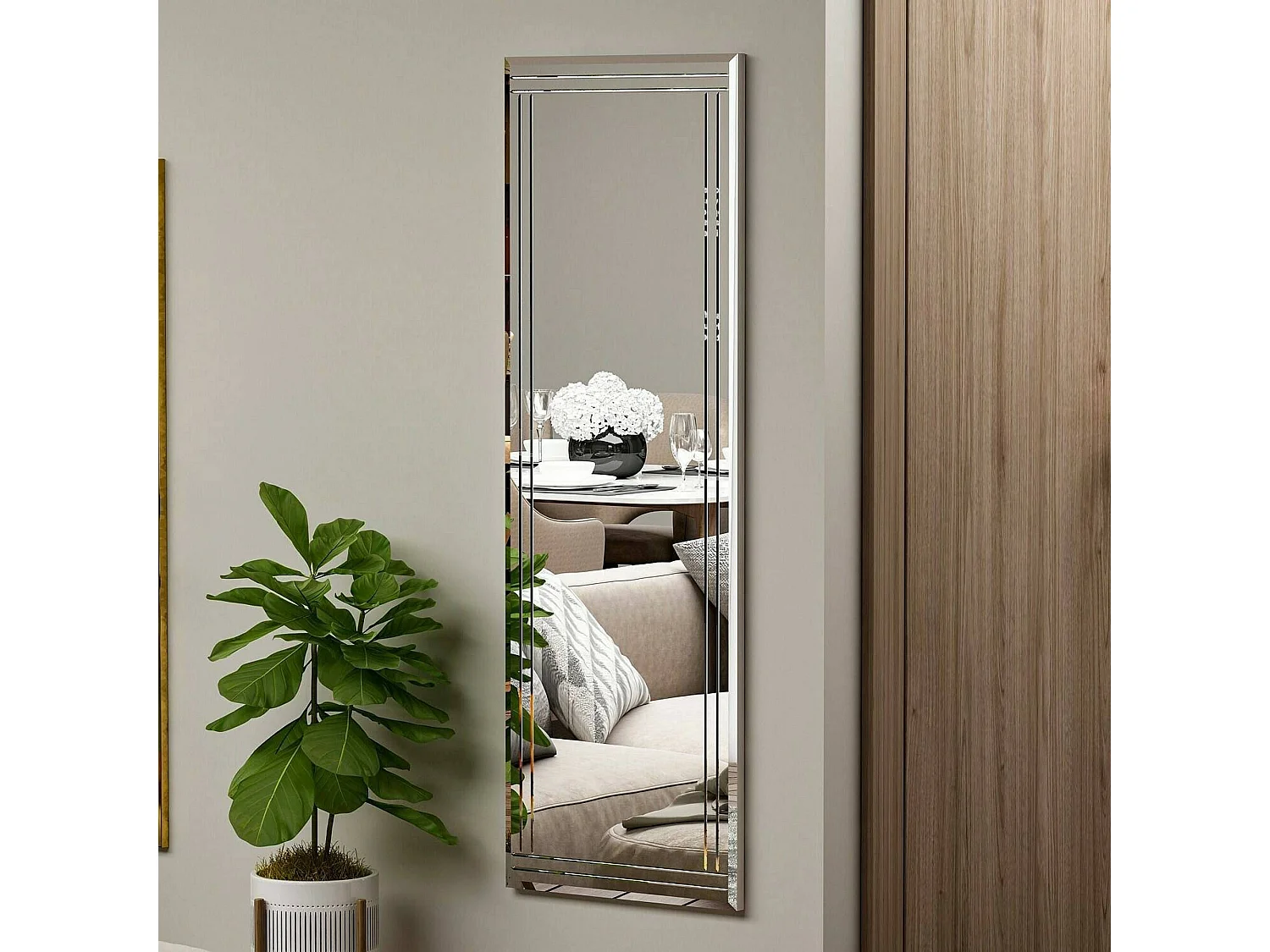Miroir Pleione, Verre miroité, Objet d'ameublement mural, Décoration avec miroir, 40x2h120 cm, Blanc