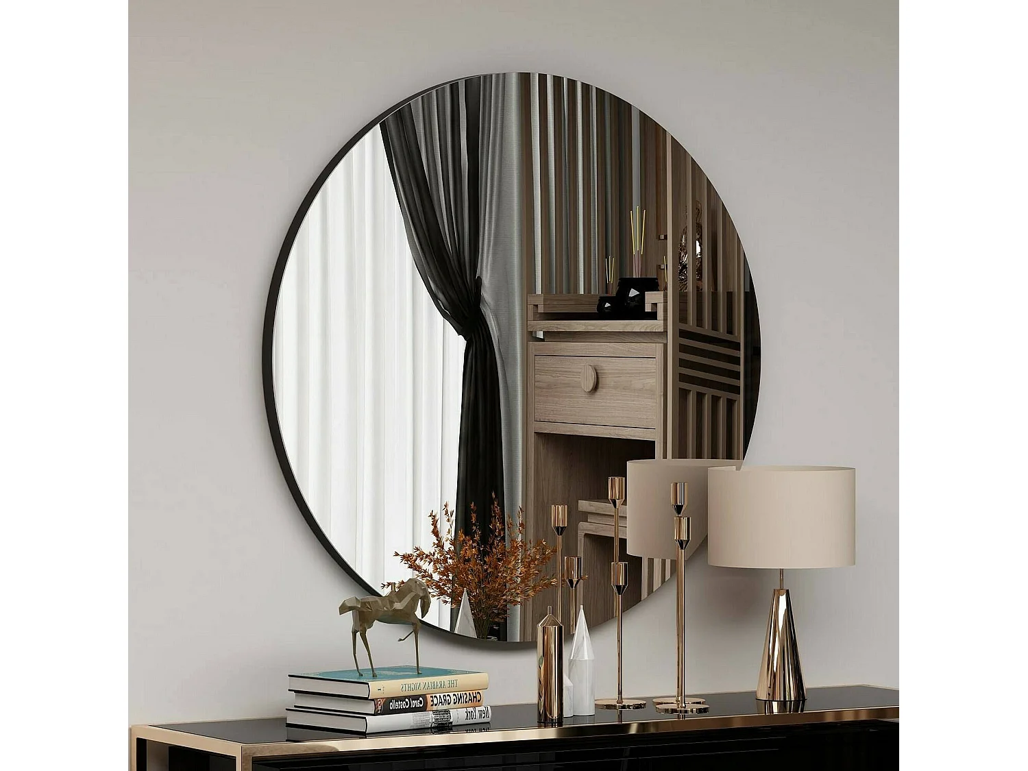 Miroir Phaeton, Verre miroité, Objet d'ameublement mural, Décoration avec miroir, 70x2h70 cm, Noir