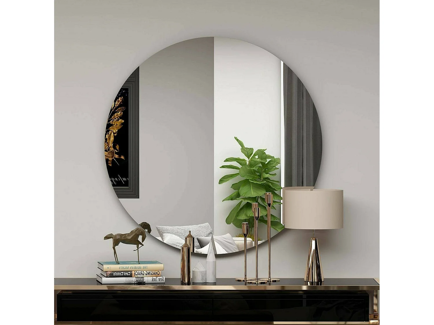 Miroir Phaeton, Verre miroité, Objet d'ameublement mural, Décoration avec miroir, 70x2h70 cm, Noir
